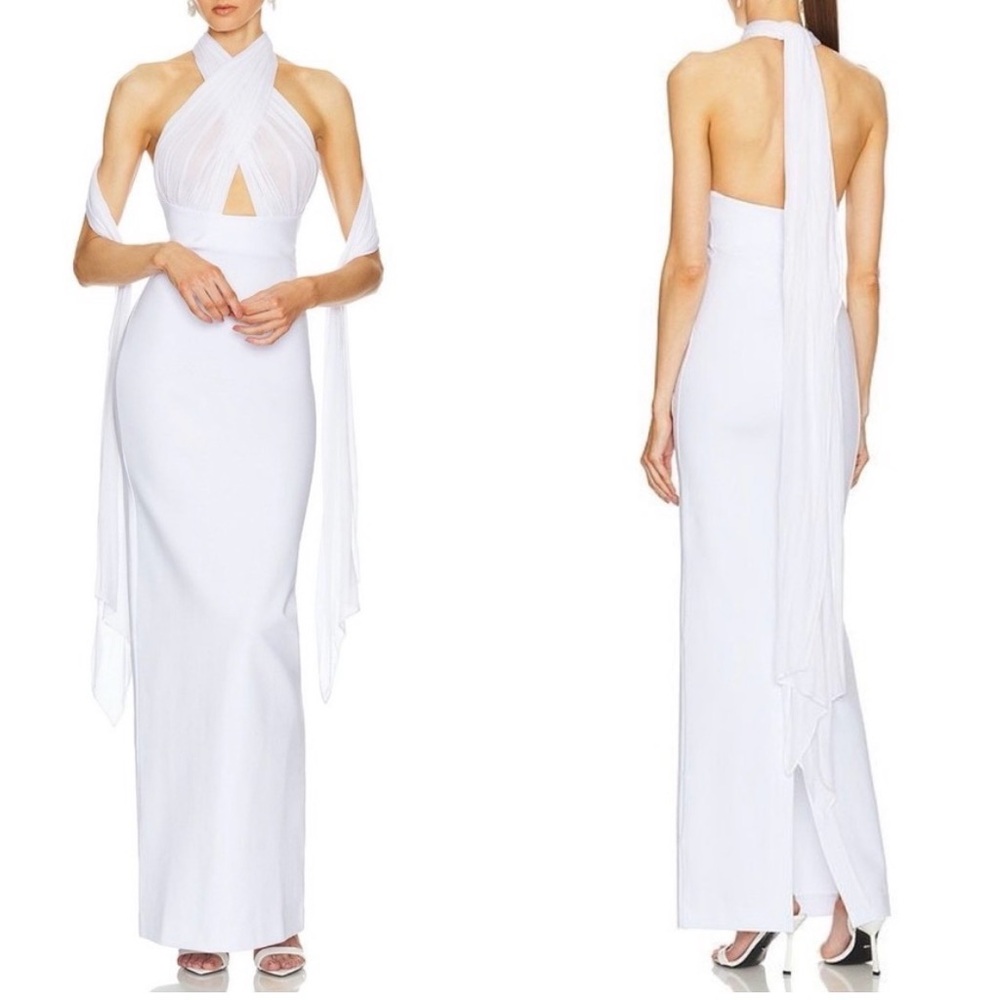 White Halter Maxi Dress with Draped Shoulder Sash